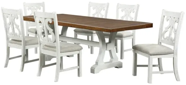 Eya 7pc Dining Table and Chair Set, White and Oak Brown Wood, Gray - Benzara