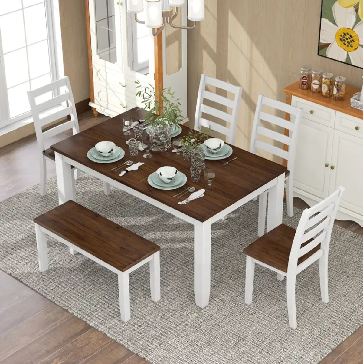 Rustic Style 6-Piece Dining Room Table Set With 4 Ergonomic Designed Chairs & A Bench