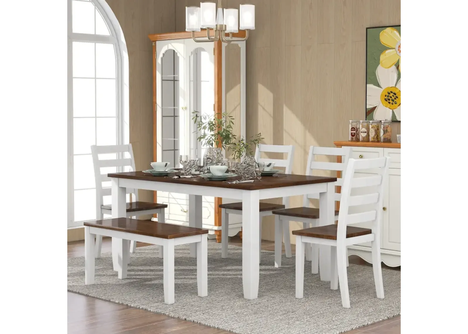 Rustic Style 6-Piece Dining Room Table Set With 4 Ergonomic Designed Chairs & A Bench