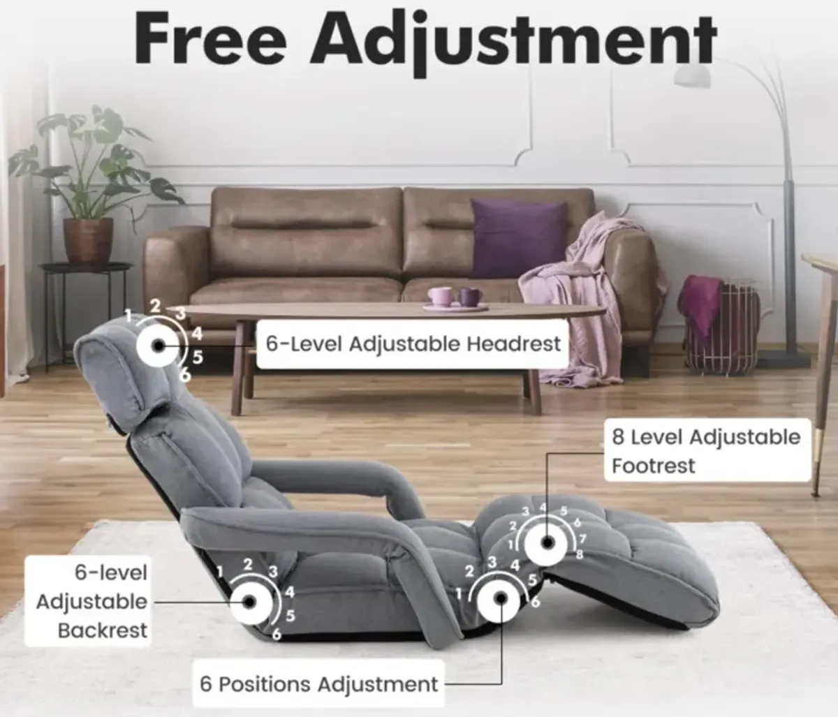 Hivvago 6-Position Adjustable Floor Chair with Adjustable Armrests and Footrest-Gray