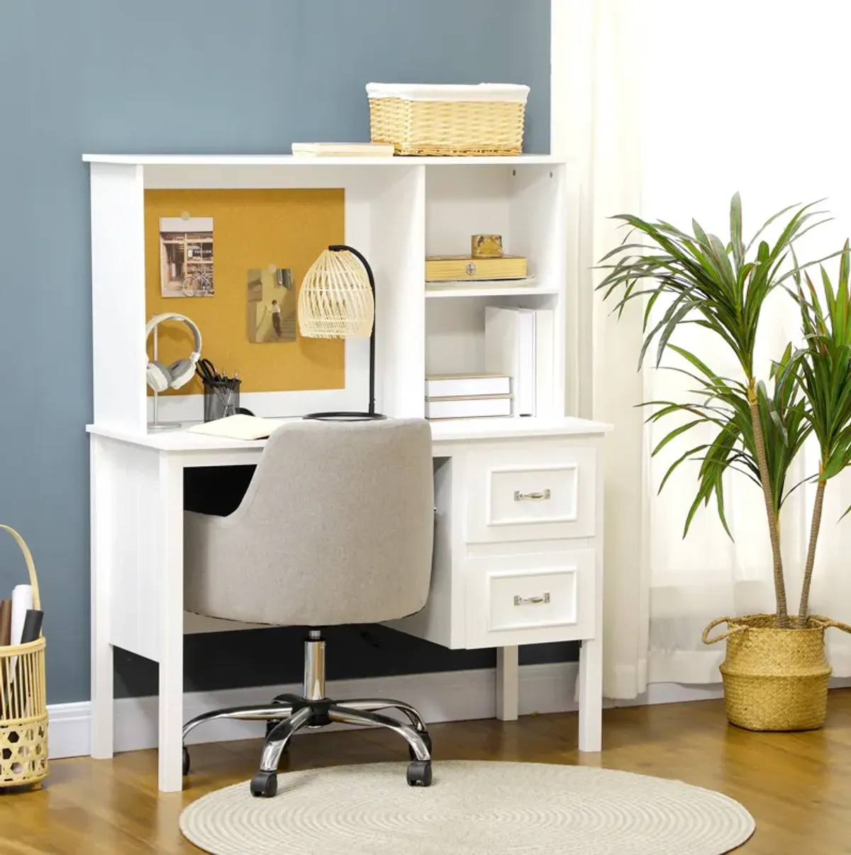 HOMCOM Computer Desk with Drawers & Shelves, Home Office Desk with Storage & Corkboard, Workstation Table with Cable Hole, White