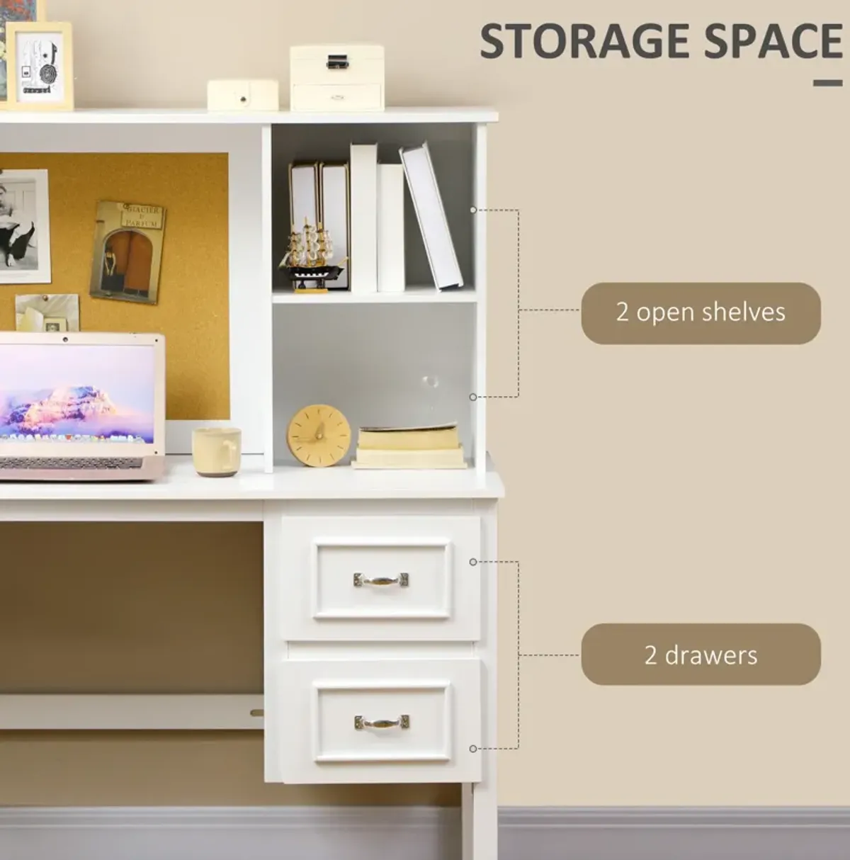 HOMCOM Computer Desk with Drawers & Shelves, Home Office Desk with Storage & Corkboard, Workstation Table with Cable Hole, White