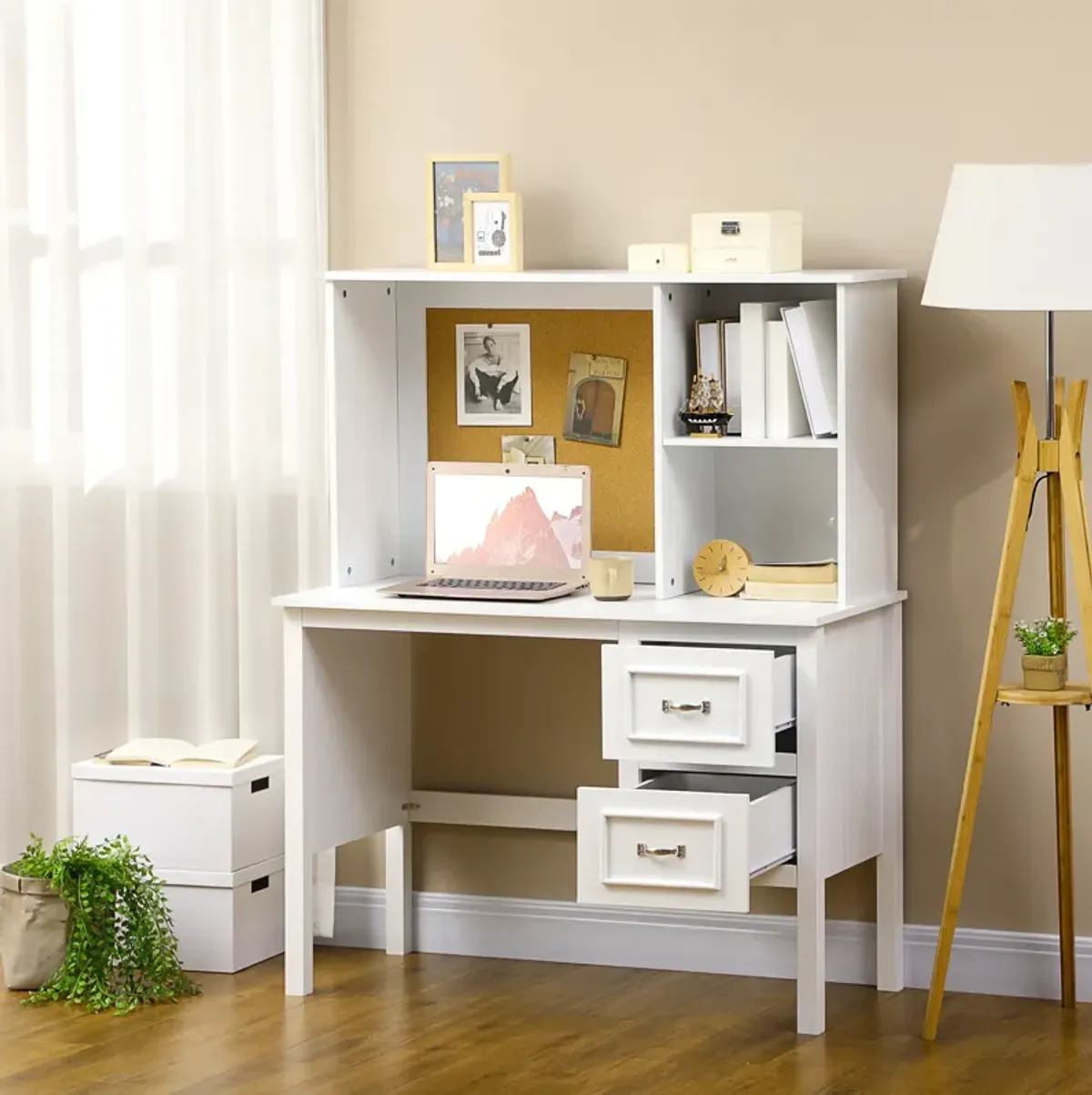 HOMCOM Computer Desk with Drawers & Shelves, Home Office Desk with Storage & Corkboard, Workstation Table with Cable Hole, White