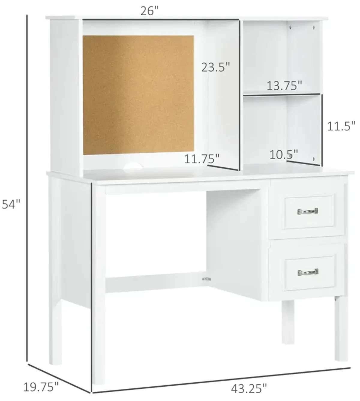 HOMCOM Computer Desk with Drawers & Shelves, Home Office Desk with Storage & Corkboard, Workstation Table with Cable Hole, White