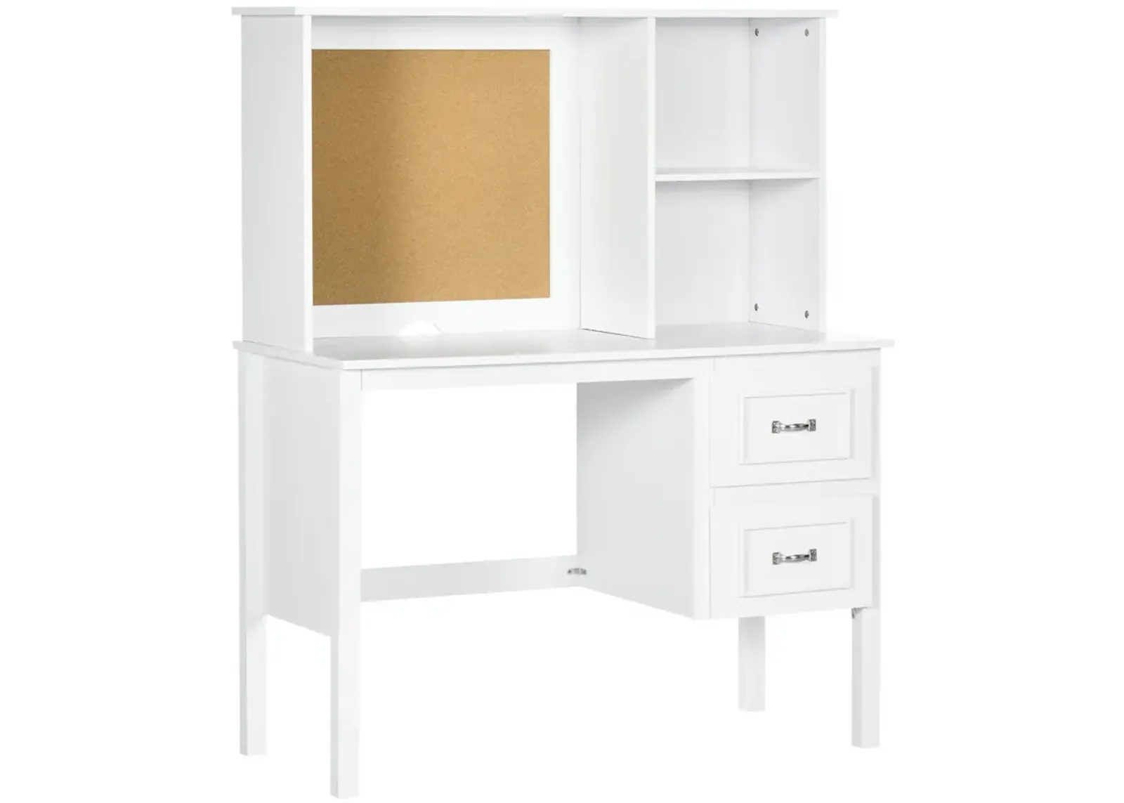 HOMCOM Computer Desk with Drawers & Shelves, Home Office Desk with Storage & Corkboard, Workstation Table with Cable Hole, White