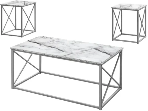 Monarch Specialties I 7953P Table Set, 3pcs Set, Coffee, End, Side, Accent, Living Room, Metal, Laminate, White Marble Look, Grey, Contemporary, Modern