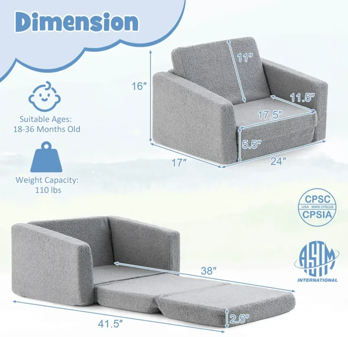 2-in-1 Children's Convertible Sofa to Lounger