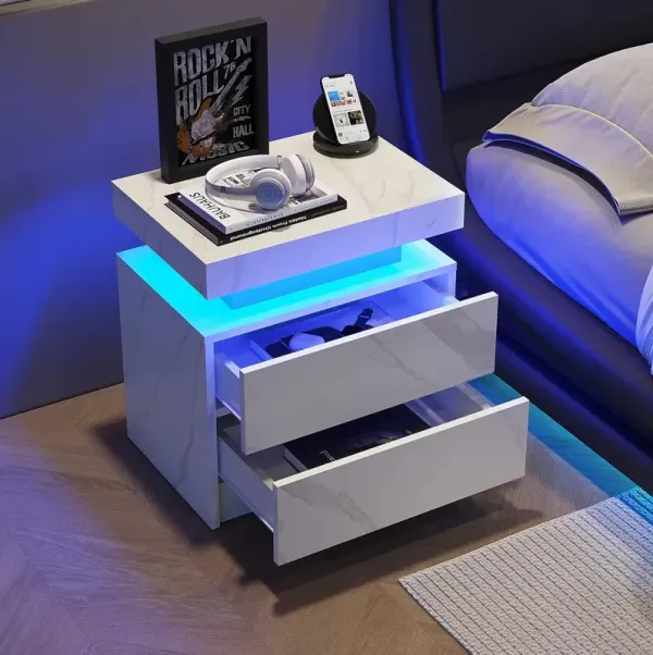 Streamdale Modern LED Nightstand w/ Drawers (White Stone)