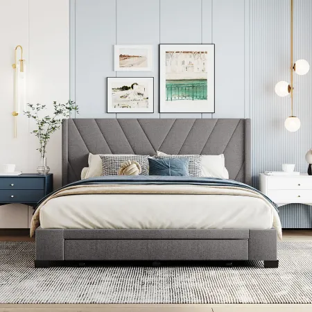 Merax Linen Upholstered Platform Bed with 3 Drawers