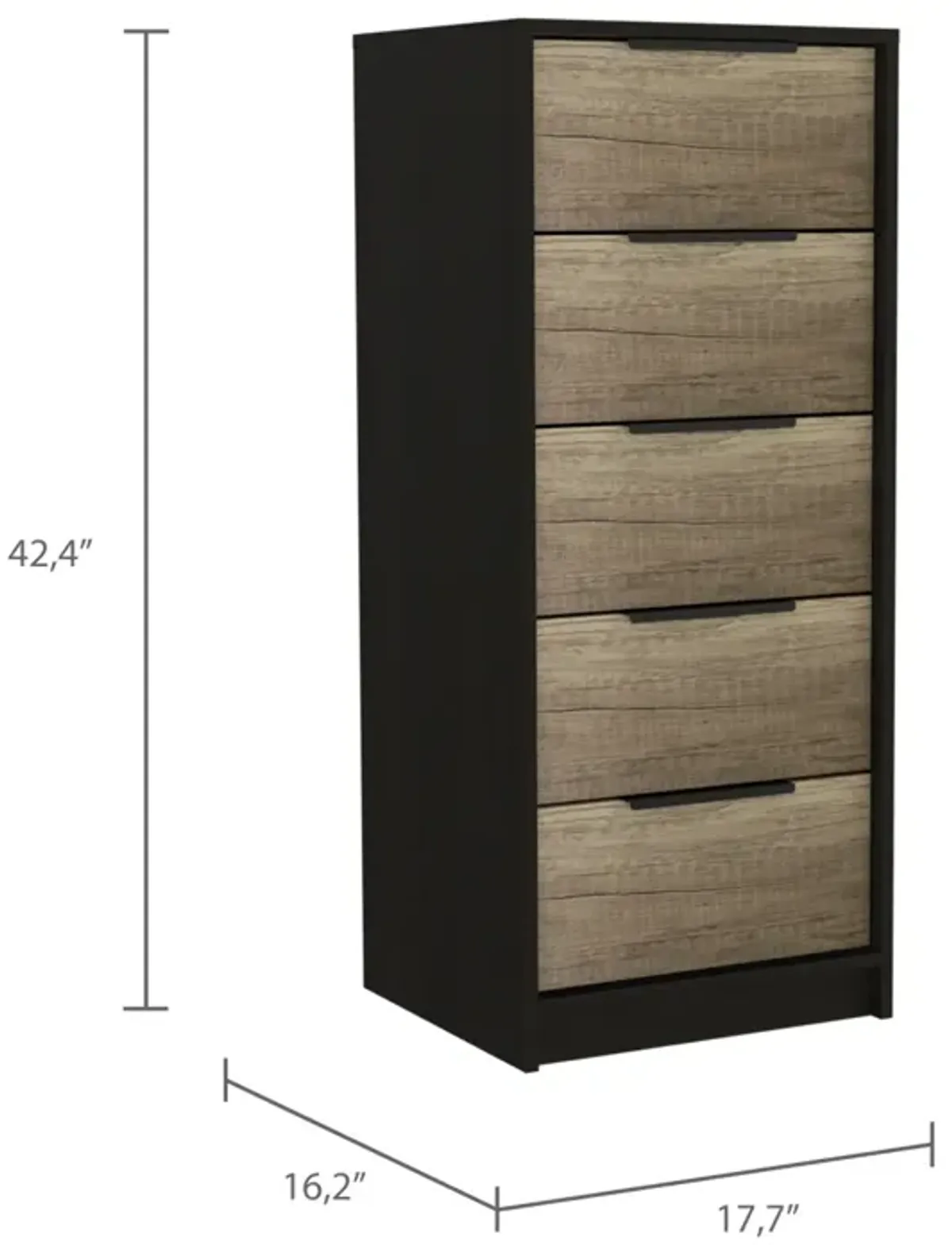 Kaia 5 Drawer Dresser, Vertical Dresser - Black Pine