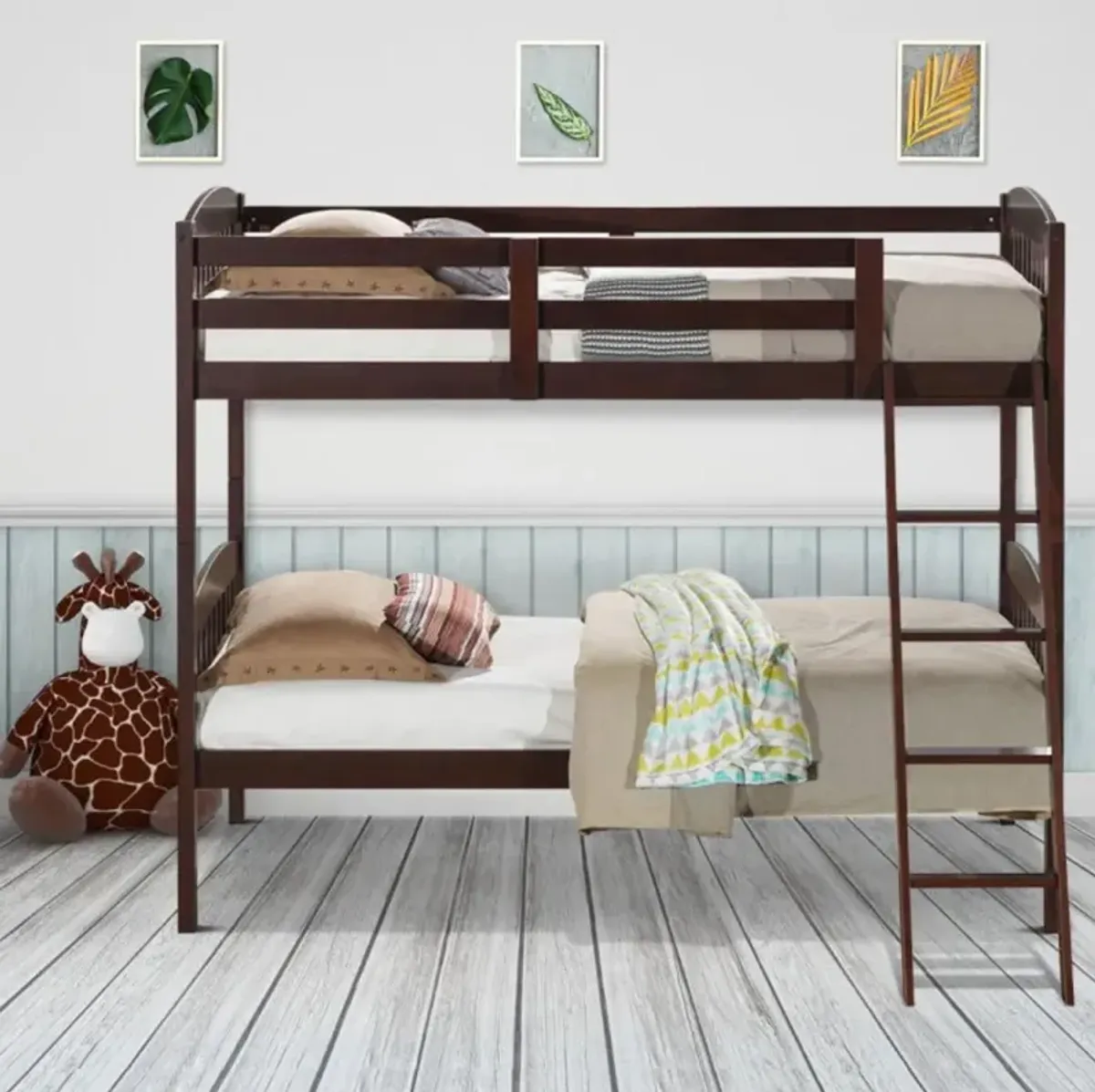 Hivvago Hardwood Twin Bunk Beds with Inclined Ladder and Safety Guardrails