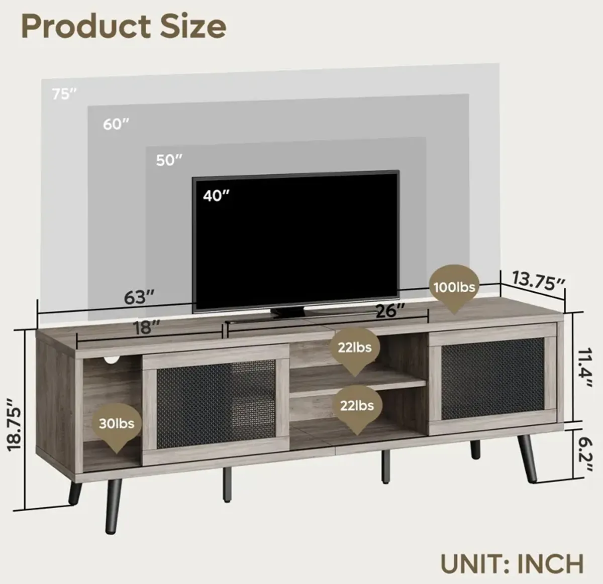 Grey TV Stand for 75 Inch TV, Boho Entertainment Center