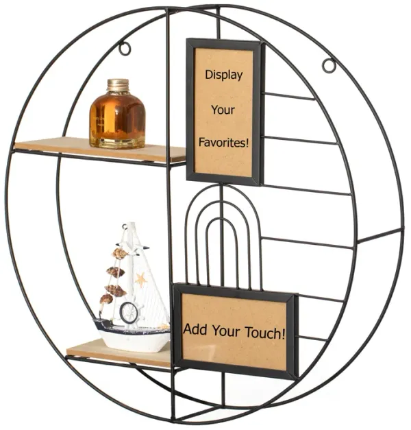Vintiquewise 2-Tier Decorative Floating Circular Silhouette Wall Shelf with 2 Photo Frames - Circular Metal and Wood Wall-Mounted Shelf for Entryway, Bathroom, Bedroom, and Living Room Decor, Black
