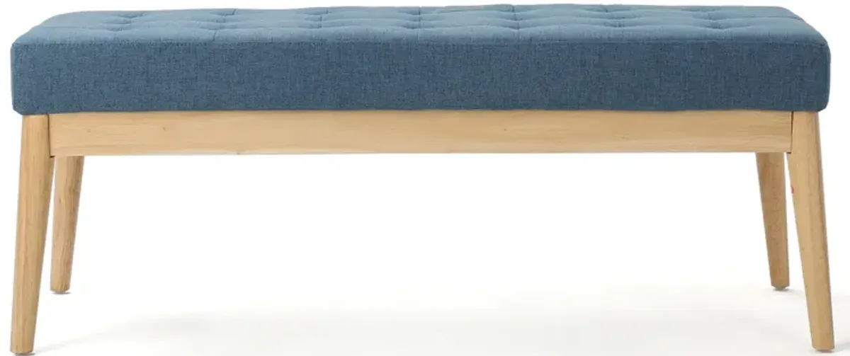 Gisa Ottoman Bench, Blue Fabric Tufted, Natural Brown Wood, 44 Inch -Benzara