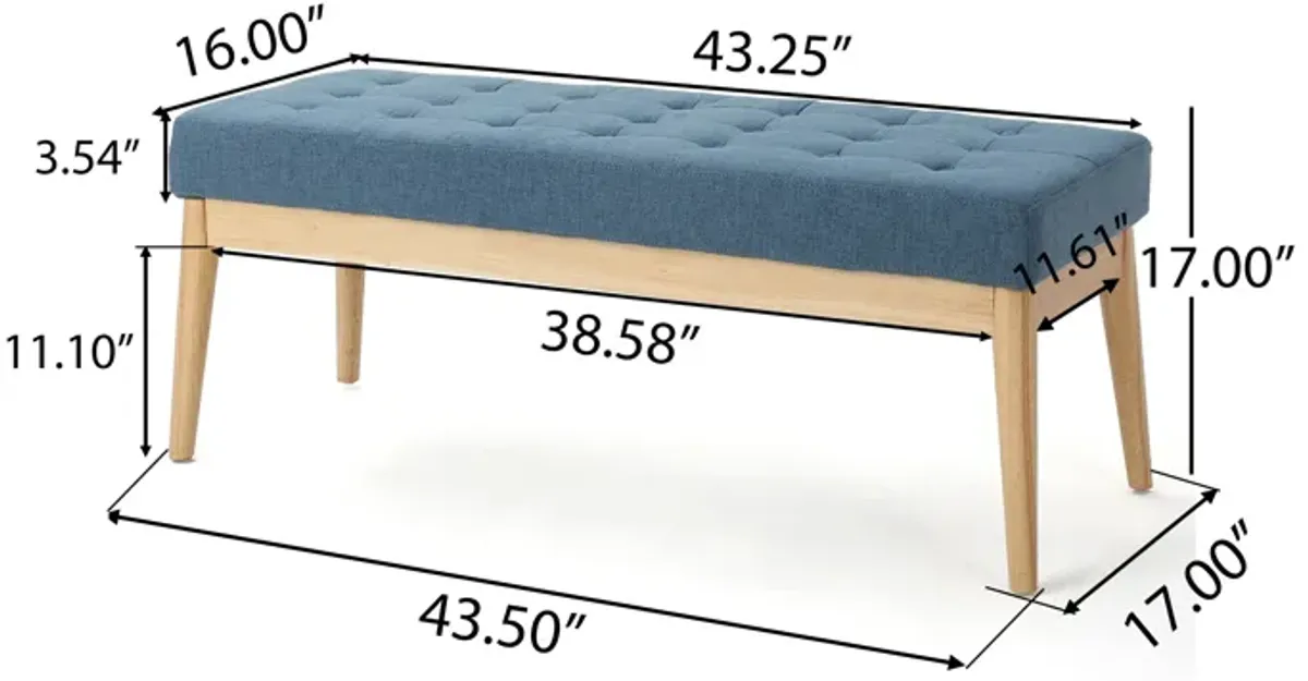 Gisa Ottoman Bench, Blue Fabric Tufted, Natural Brown Wood, 44 Inch -Benzara