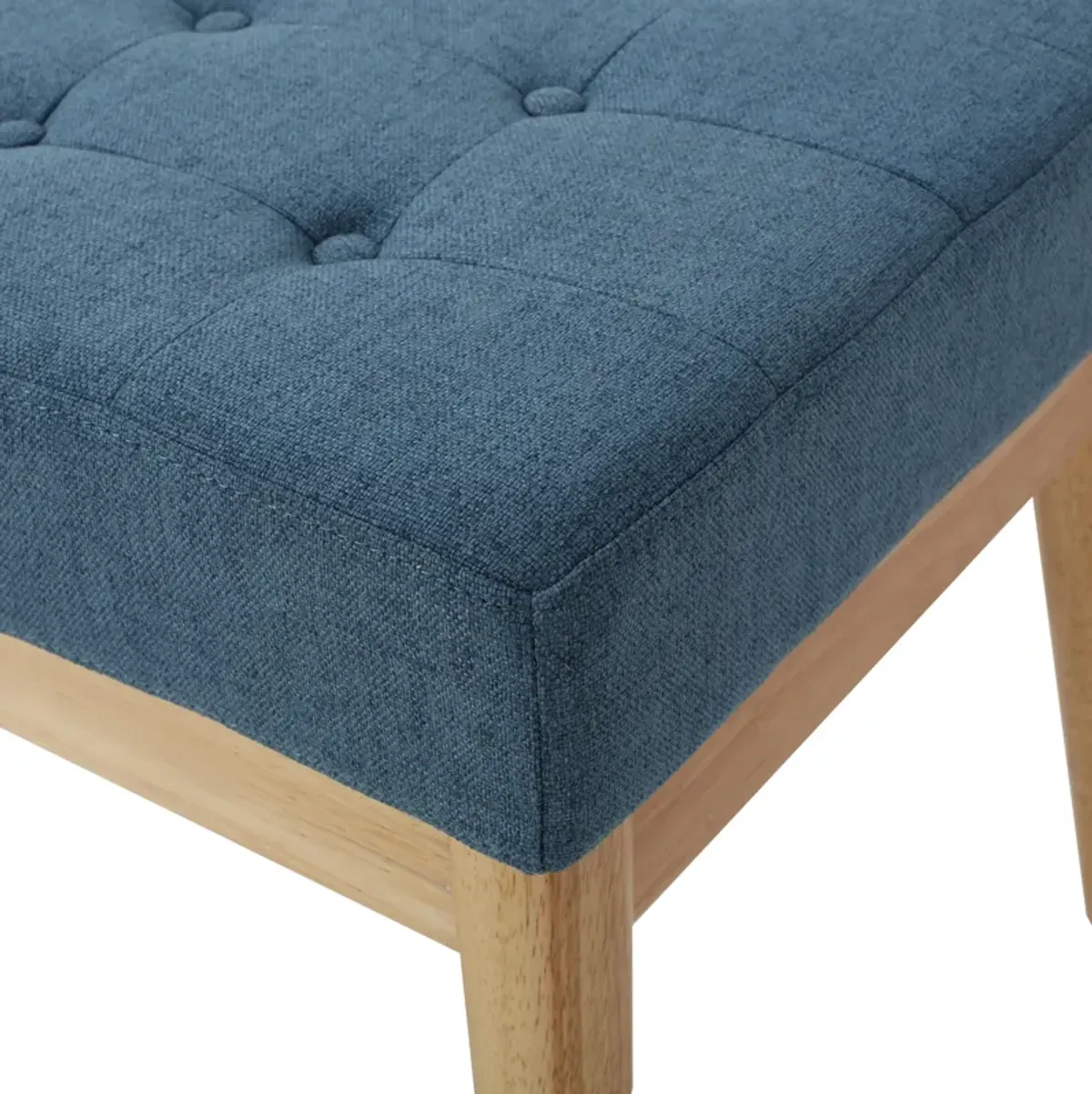 Gisa Ottoman Bench, Blue Fabric Tufted, Natural Brown Wood, 44 Inch -Benzara