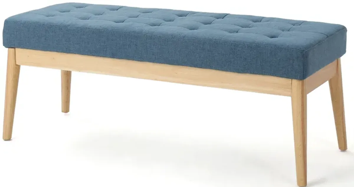 Gisa Ottoman Bench, Blue Fabric Tufted, Natural Brown Wood, 44 Inch -Benzara