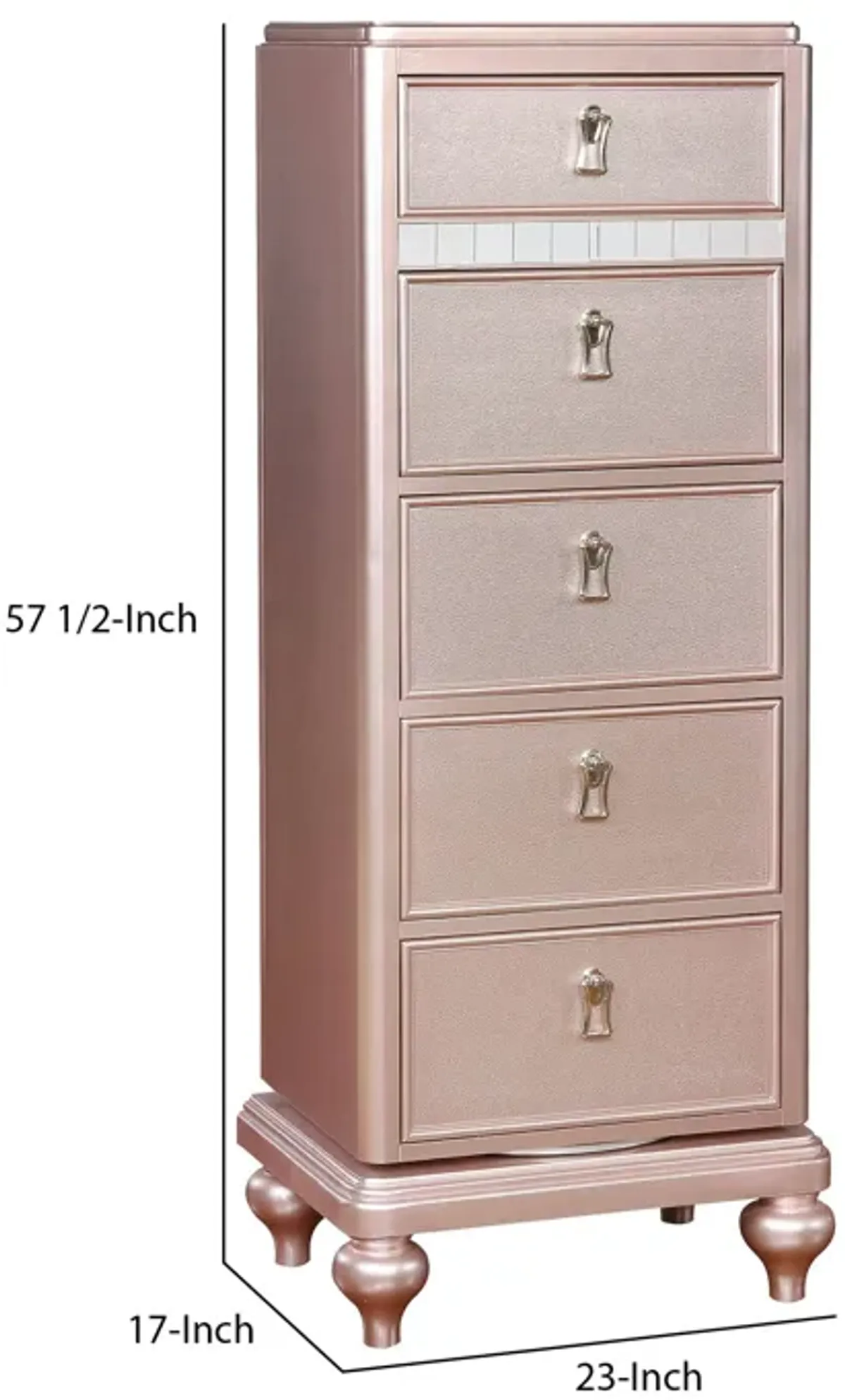 Wooden Frame 5 Drawer Swivel Chest with Mirror Trim, Rose Gold-Benzara