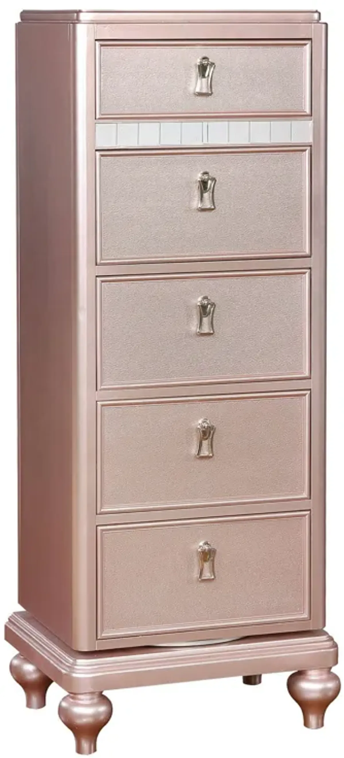 Wooden Frame 5 Drawer Swivel Chest with Mirror Trim, Rose Gold-Benzara