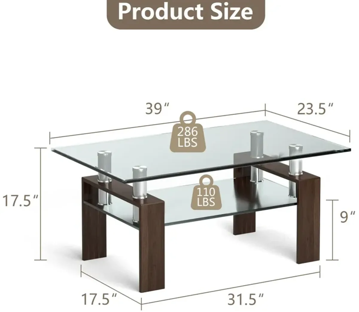 Rectangle Glass Coffee Table with Metal Legs for Living Room