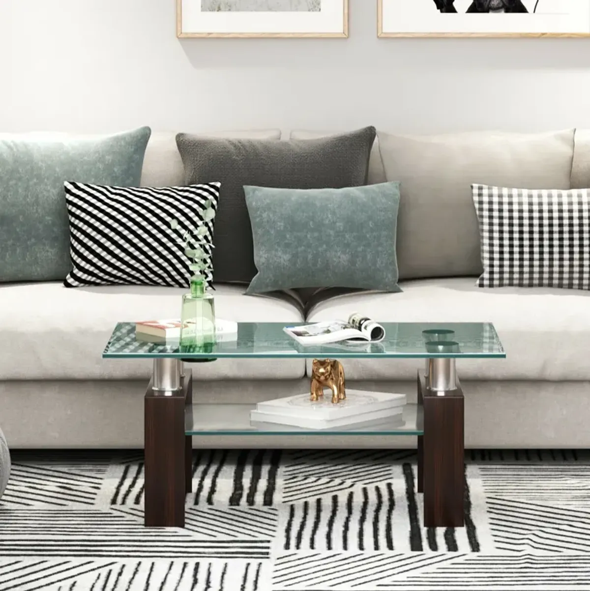 Rectangle Glass Coffee Table with Metal Legs for Living Room