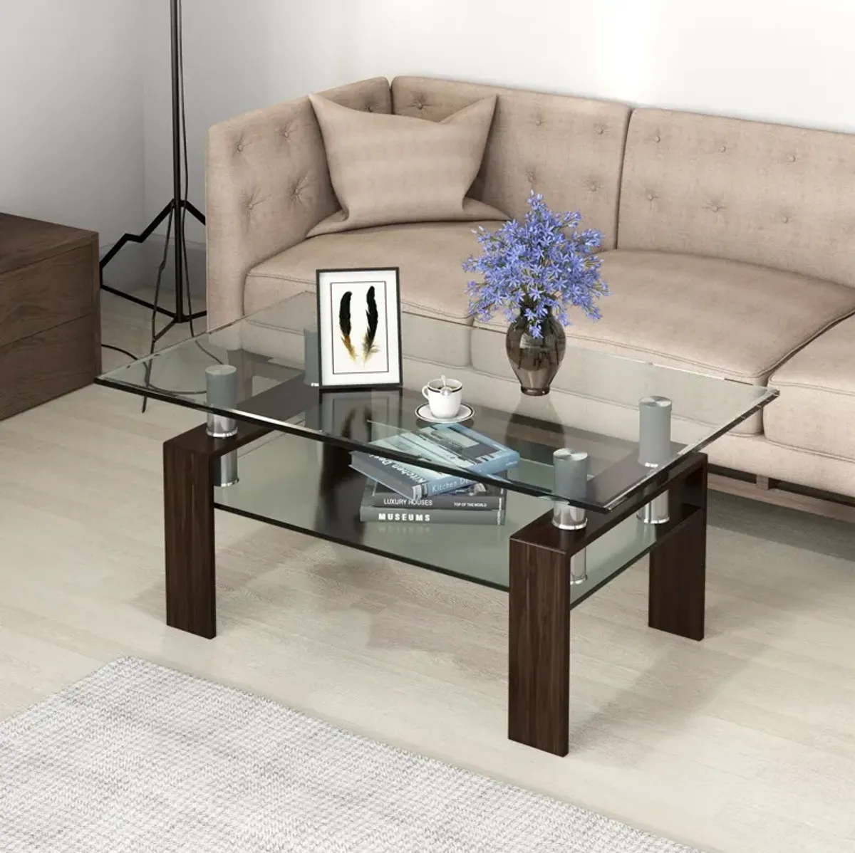 Rectangle Glass Coffee Table with Metal Legs for Living Room