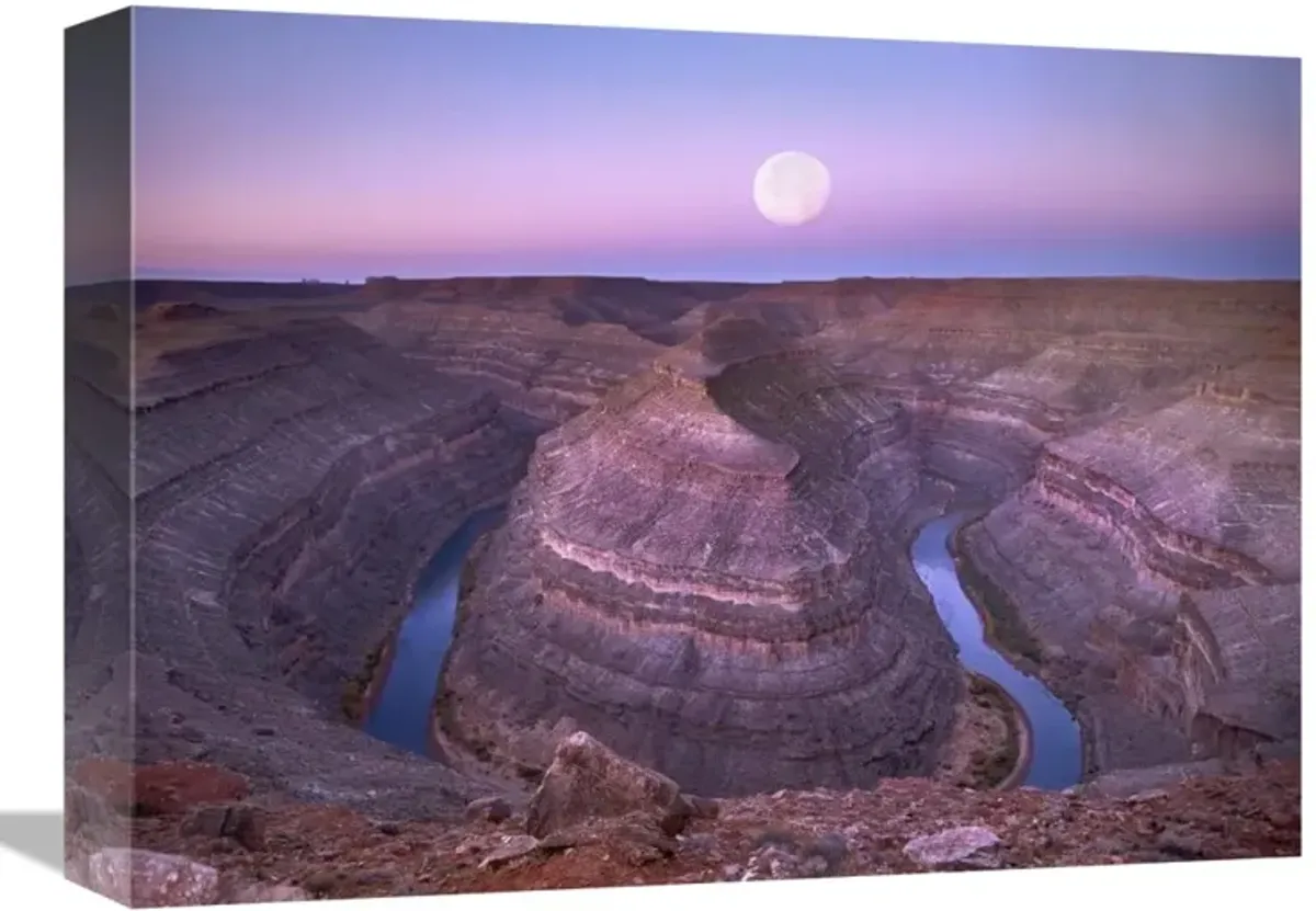 Moon over San Juan River flowing through Goosenecks, Utah-Canvas Art-16x12