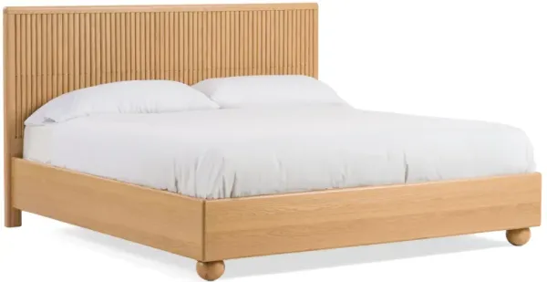 Cid Joya King Bed, Panel Headboard, Rounded Natural Brown Solid Oak Wood - Benzara