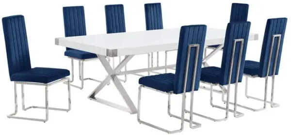 Best Quality Furniture 9pc Large(94) white wood top dining set with silver base and 8 chairs