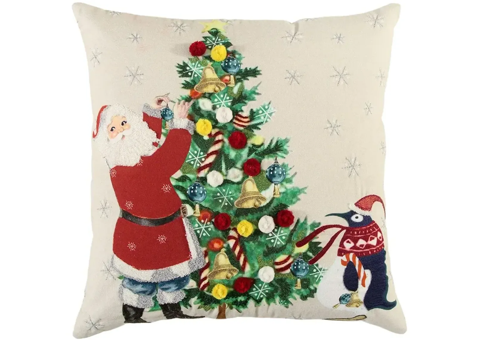 Homezia Ivory Vintage Santa and Penguin Christmas Throw Pillow