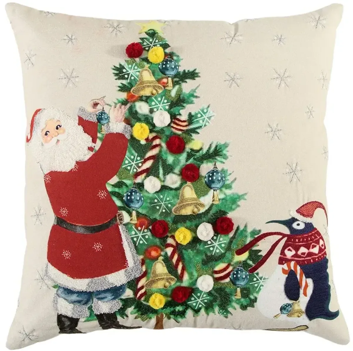 Homezia Ivory Vintage Santa and Penguin Christmas Throw Pillow