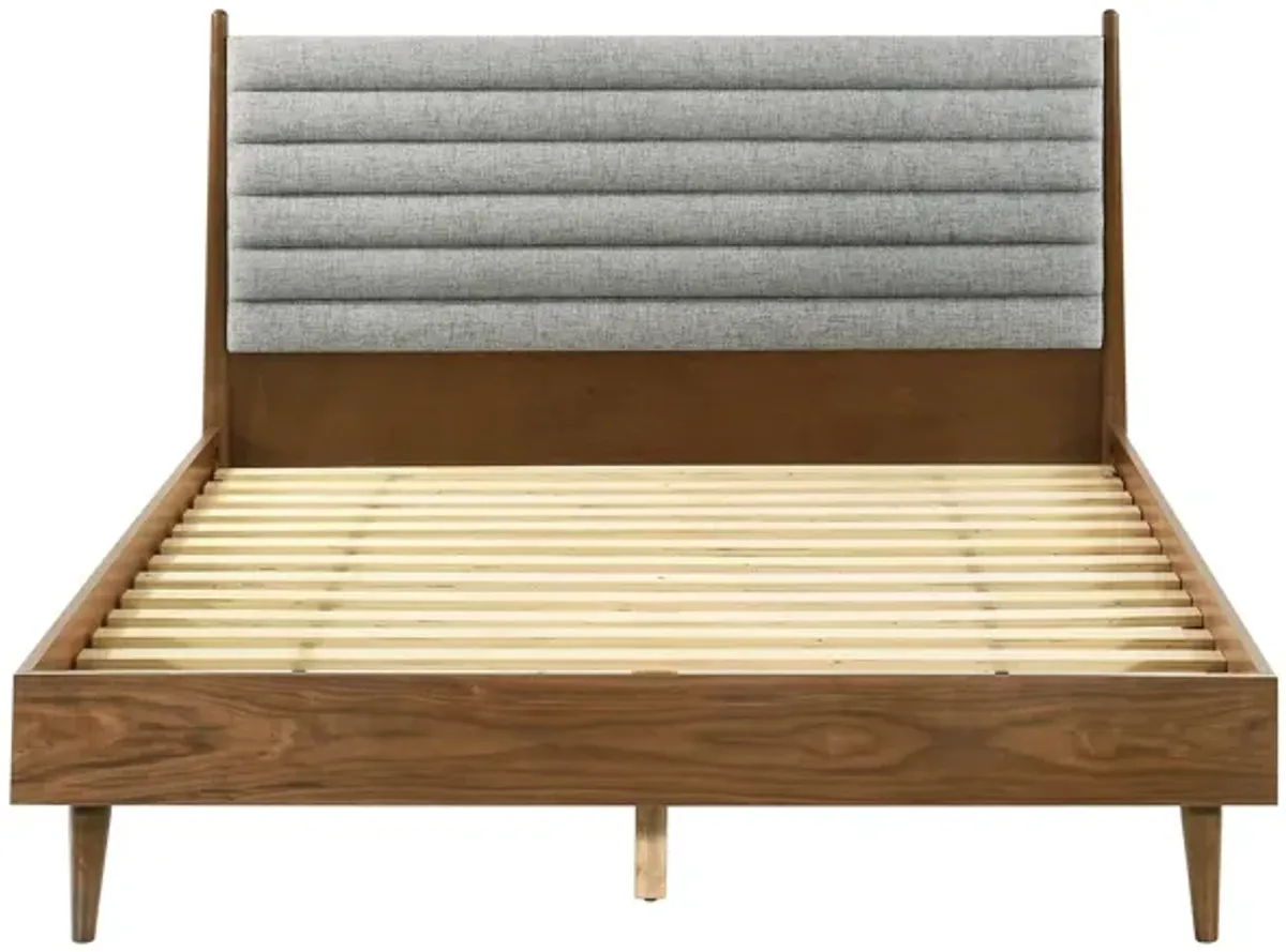 Benjara Mian Queen Platform Bed Frame, Channel Tufted, Walnut, Upholstery, Brown and Gray