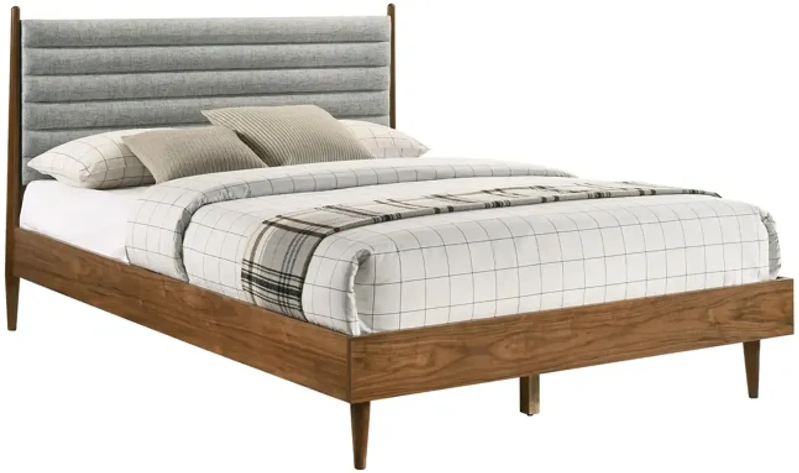 Benjara Mian Queen Platform Bed Frame, Channel Tufted, Walnut, Upholstery, Brown and Gray