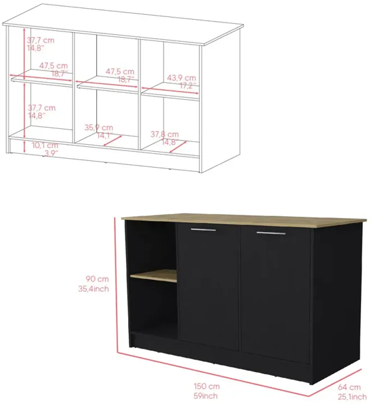 Kitchen Island Padua, Kitchen, Black / Macadamia