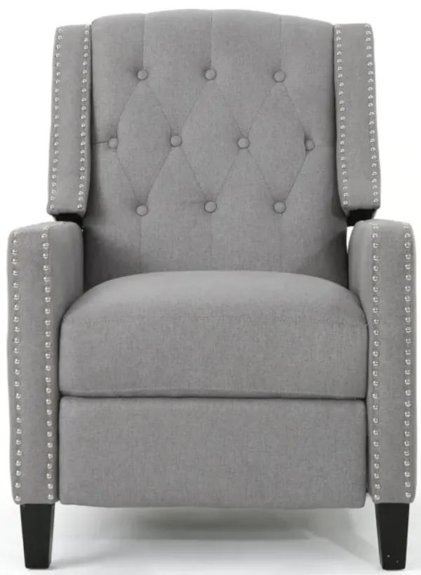 Pushback Recliner Chair, Tufted Back, Birch Wood, Gray Fabric - Benzara
