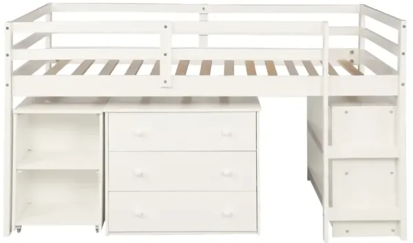 Merax Low Loft Bed with Cabinet and Rolling Portable Desk