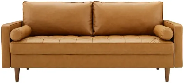 Valour Mid-Century Modern Tufted Sofa - Sleek Faux Leather, Walnut Legs, Bolster Pillows - Chic & Comfortable Addition to Your Living Space