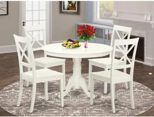 5 Pc set with a Round Dinette Table and 4 Wood Dinette Chairs in Linen White