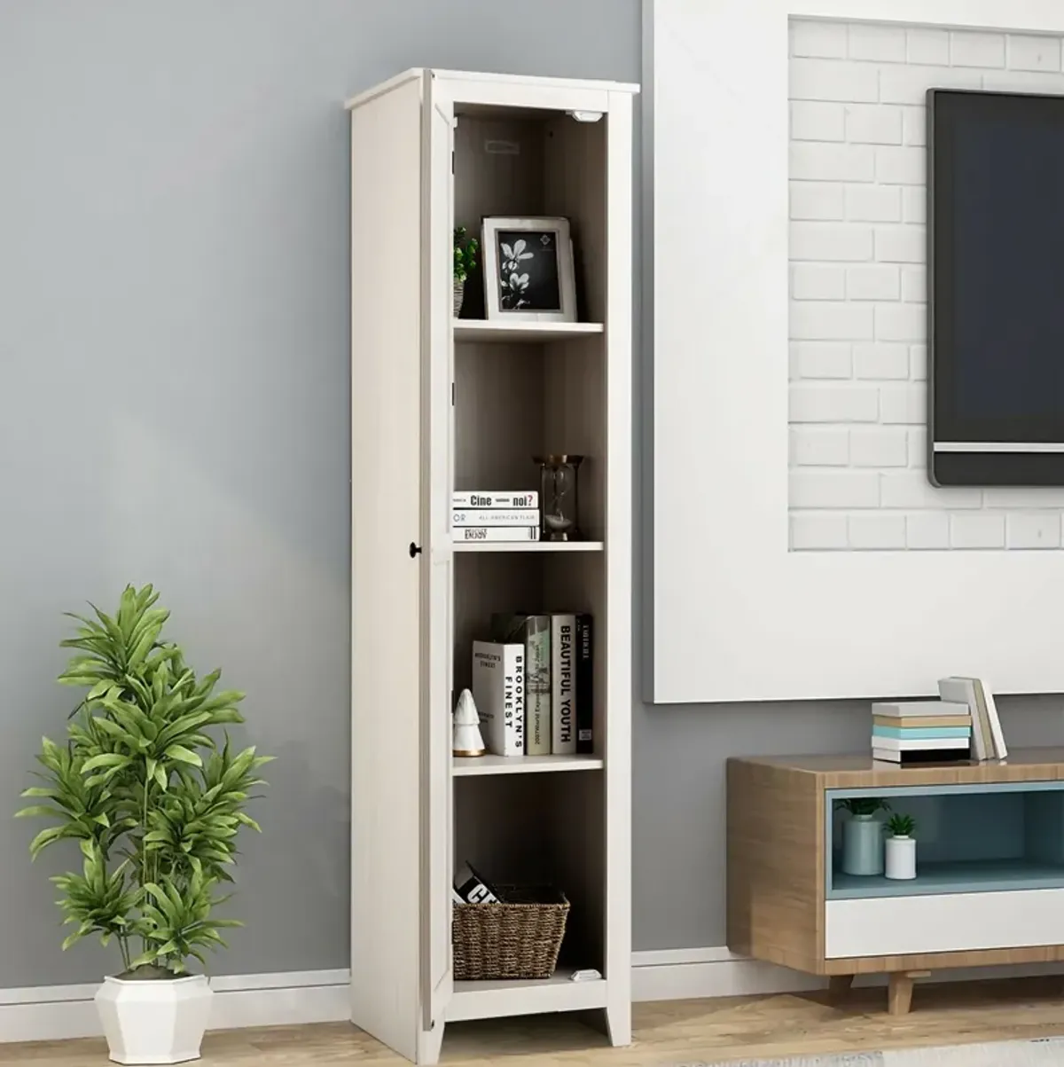 Bathroom Linen Tower with Storage Shelves, Slim Freestanding Cabinet