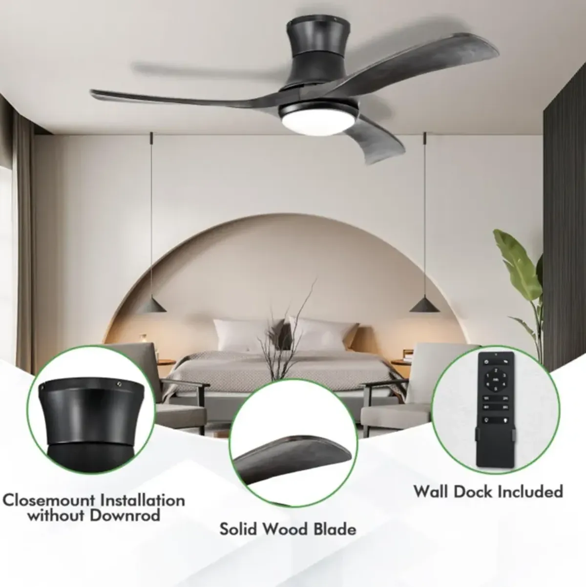 Hivvago 52 Inch Flush Mount Ceiling Fan with LED Light-Black