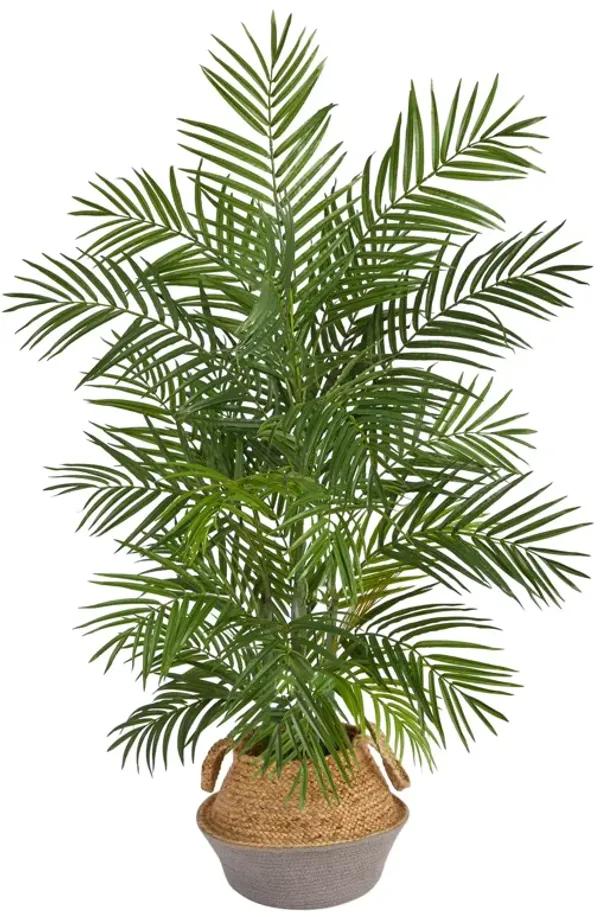 Hivvago 4 Feet Areca Artificial Palm Branches in Boho Chic Handmade Cotton & Jute Gray Woven Planter