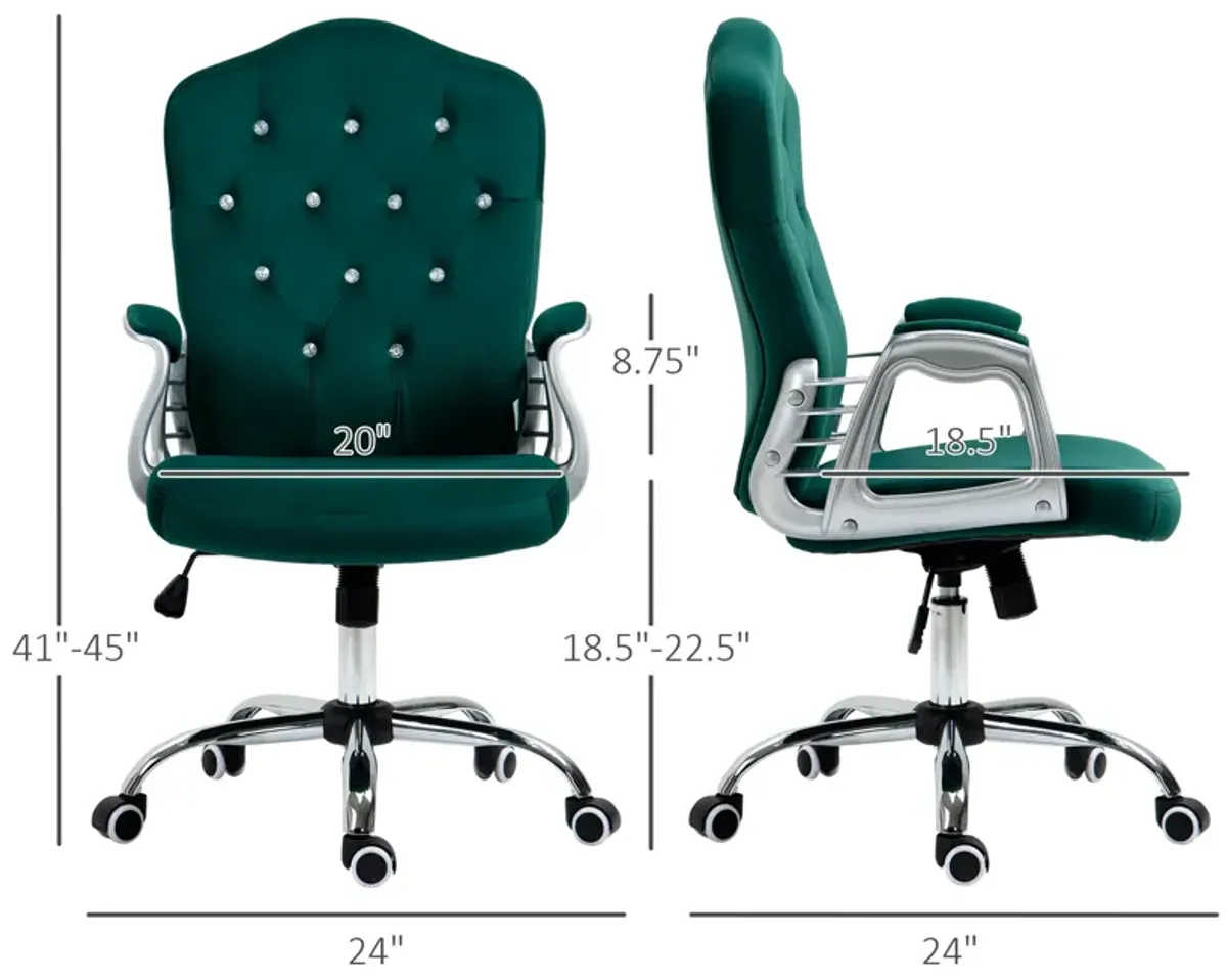 Vinsetto Home Office Chair, Velvet Computer Chair, Button Tufted Desk Chair with Swivel Wheels, Adjustable Height, and Tilt Function, Dark Green