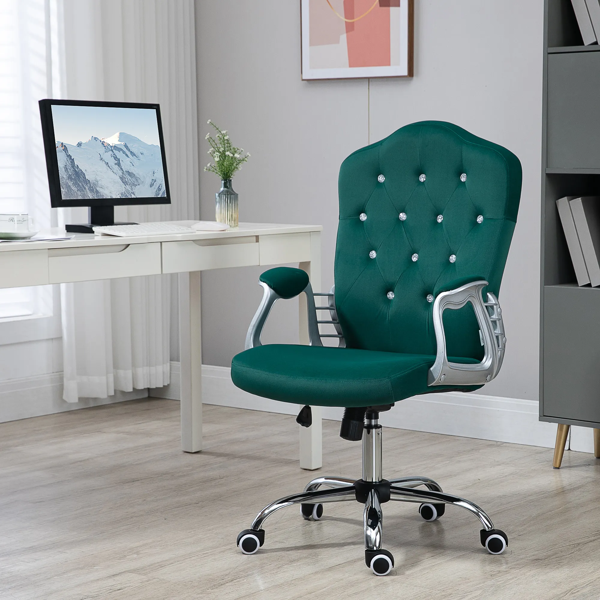 Vinsetto Home Office Chair, Velvet Computer Chair, Button Tufted Desk Chair with Swivel Wheels, Adjustable Height, and Tilt Function, Dark Green