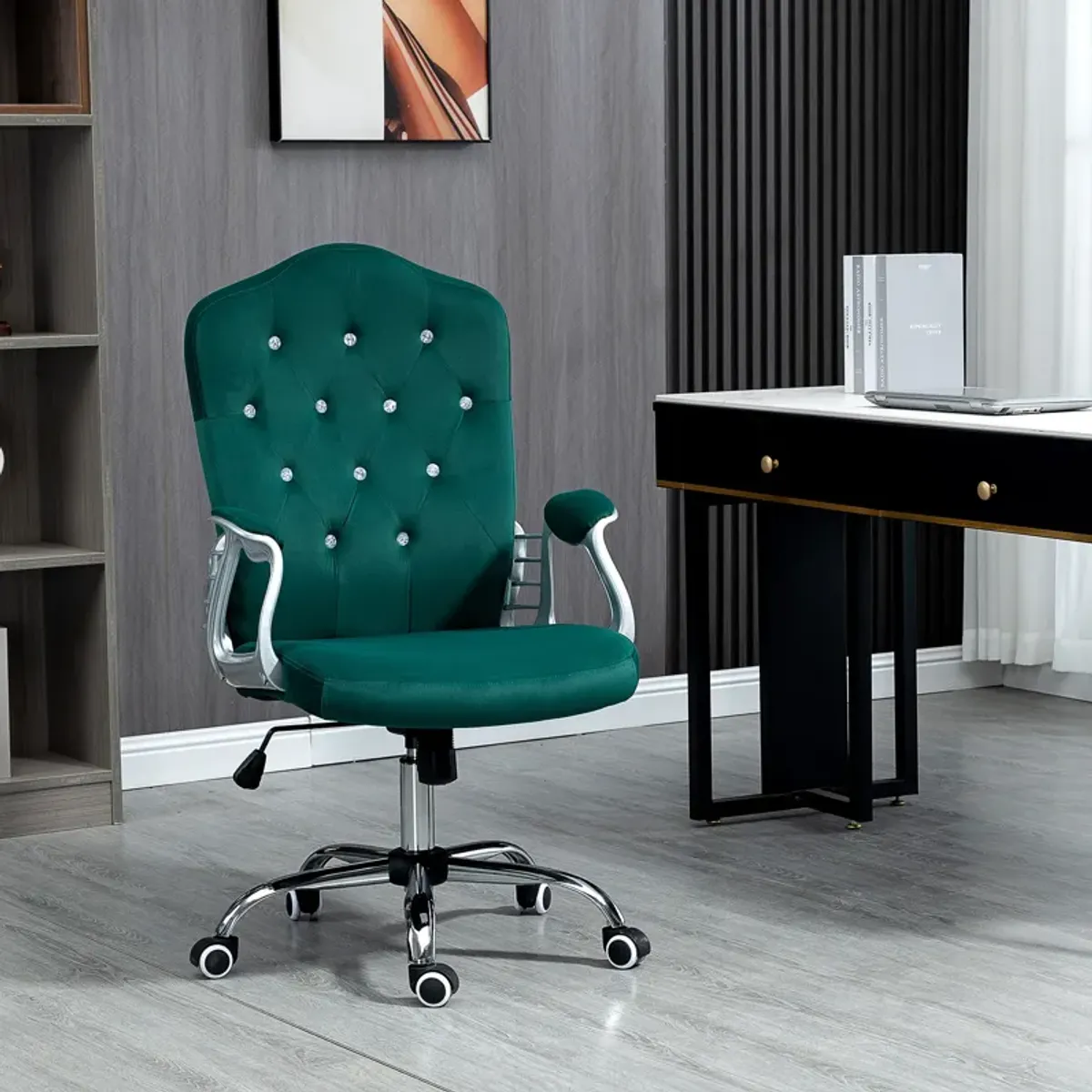 Vinsetto Home Office Chair, Velvet Computer Chair, Button Tufted Desk Chair with Swivel Wheels, Adjustable Height, and Tilt Function, Dark Green