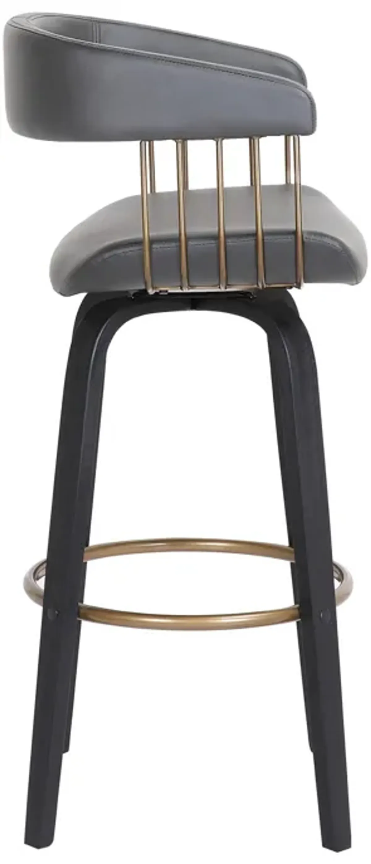 Maya 26 Inch Swivel Counter Chair, Gray Faux Leather, Bronze, Black Wood - Benzara