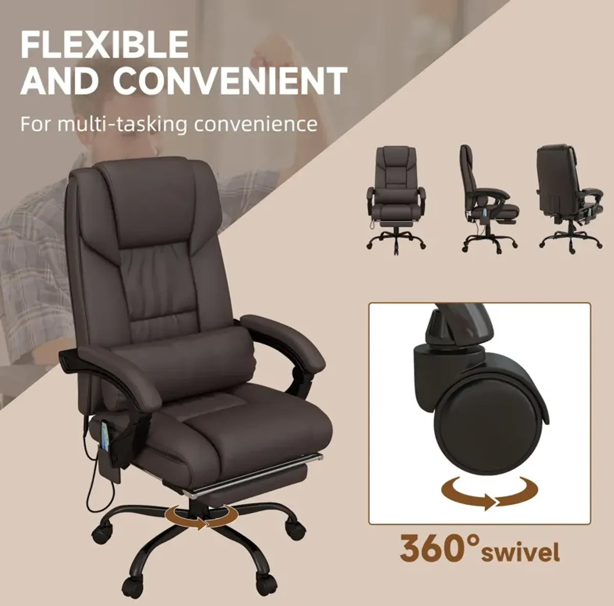 Vinsetto High Back Vibration Massage Office Chair with 6 Points, Height Adjustable Computer Desk Chair, Reclining Office Chair with Retractable Footrest and Remote, Brown