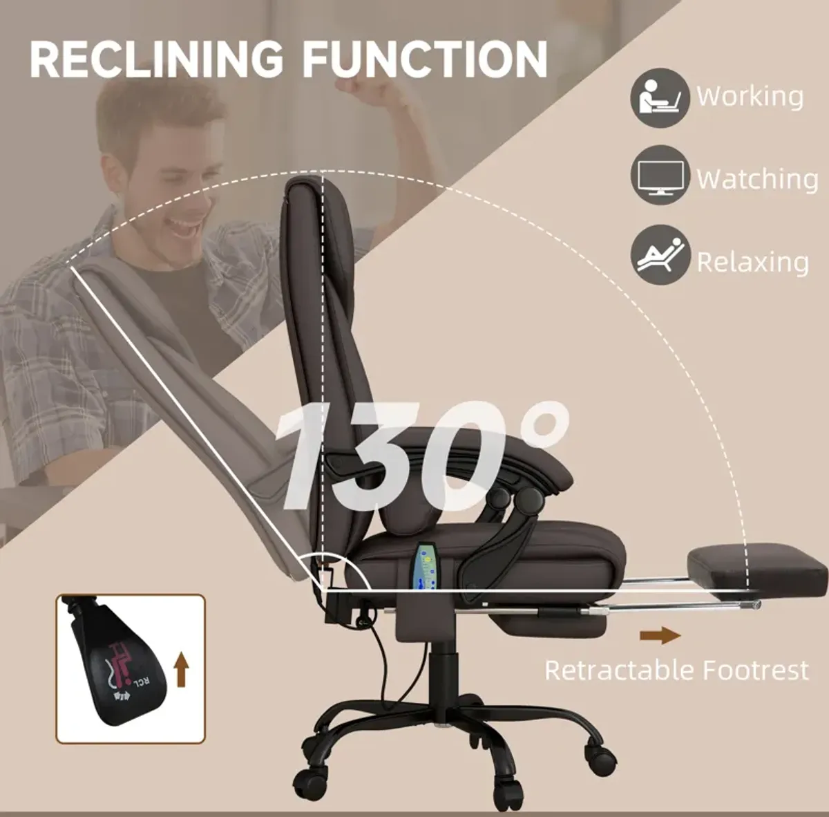 Vinsetto High Back Vibration Massage Office Chair with 6 Points, Height Adjustable Computer Desk Chair, Reclining Office Chair with Retractable Footrest and Remote, Brown