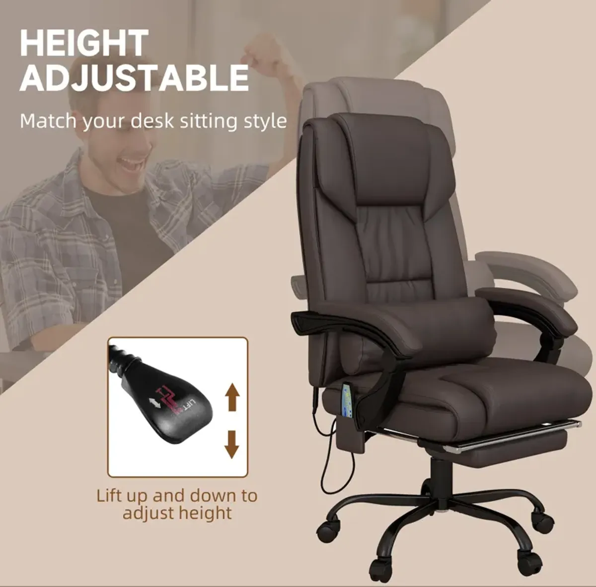 Vinsetto High Back Vibration Massage Office Chair with 6 Points, Height Adjustable Computer Desk Chair, Reclining Office Chair with Retractable Footrest and Remote, Brown