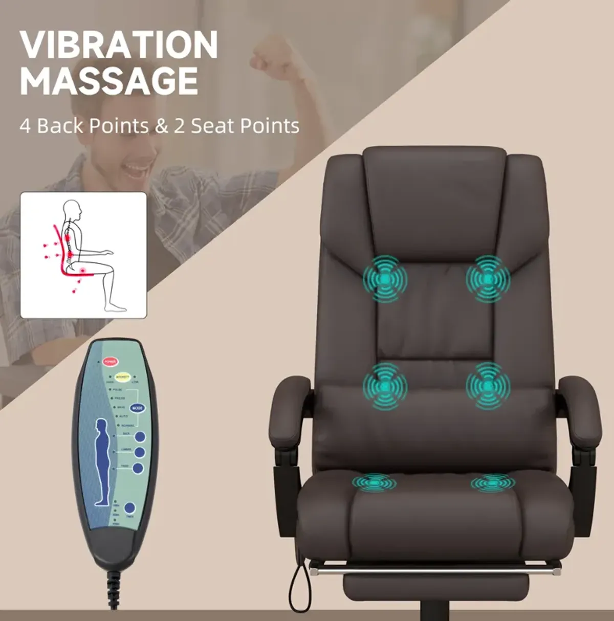 Vinsetto High Back Vibration Massage Office Chair with 6 Points, Height Adjustable Computer Desk Chair, Reclining Office Chair with Retractable Footrest and Remote, Brown