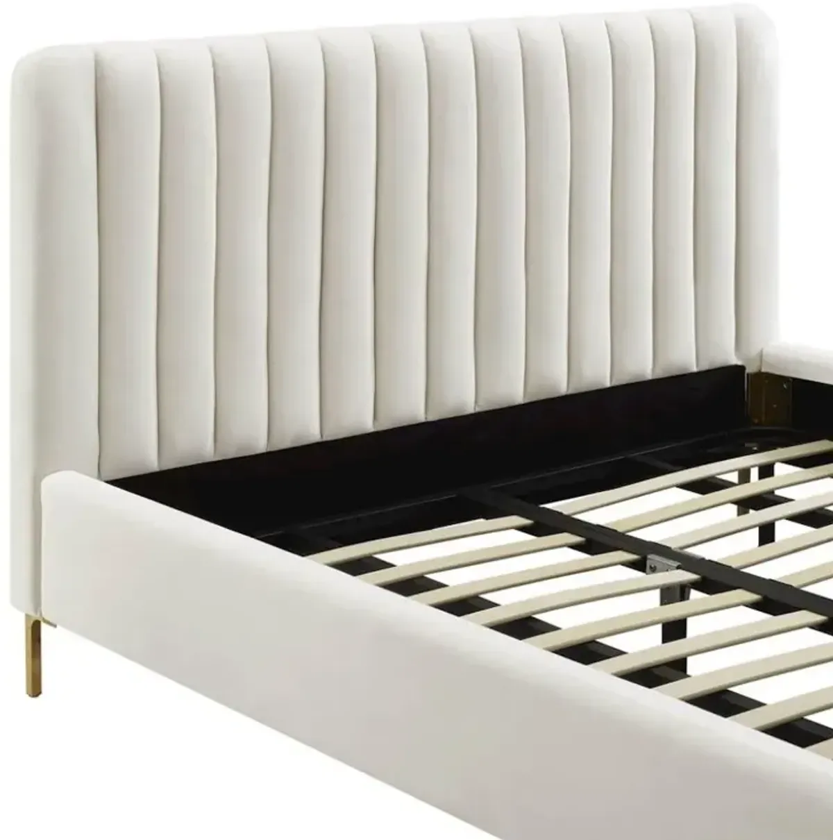 Starlight Canyon Home Beige Full Size Velvet Bed Frame With Gold Legs And Channel Tufted Headboard